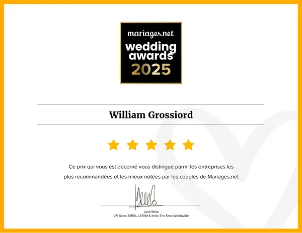 Diplôme Wedding Awards 2025 Mariages.net décerné à William Grossiord — Partenaire Image